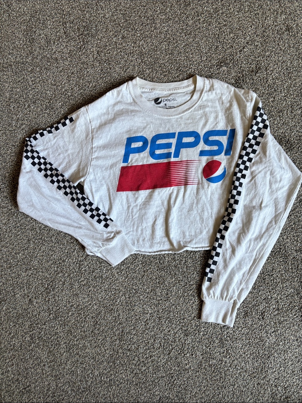 Pepsi White Cropped Long Sleeve Tee with Blue and Red Logo